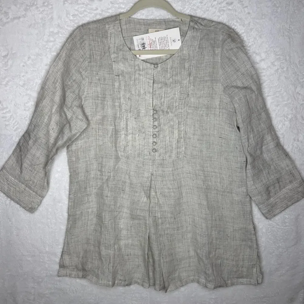 Anokhi Blouse Womens Large Gray Linen Pleated Tunic 3/4 Sleeve Button Front